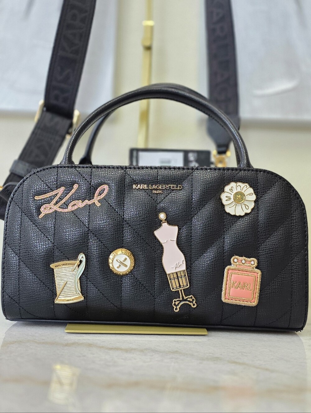 Karl Lagerfeld Paris Zaylia Black Quilted Satchel Sewing Charm Patches NWT